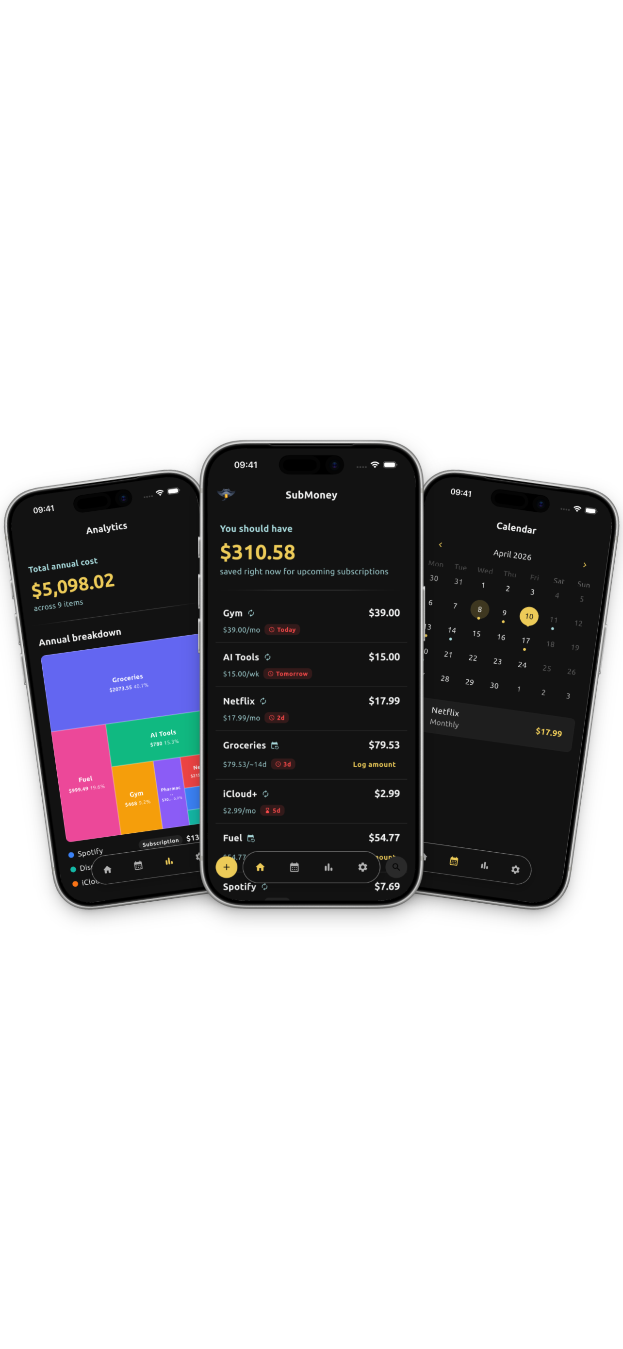 Submoney app screens showing home, calendar, and analytics